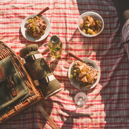 Picknickdecke mit Körbchen und gefüllten Müslischalen