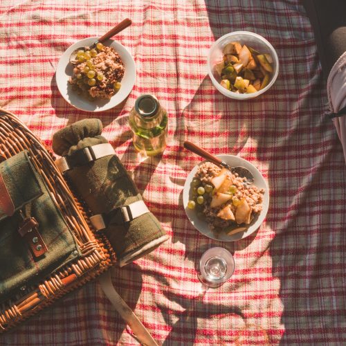 Picknickdecke mit Körbchen und gefüllten Müslischalen